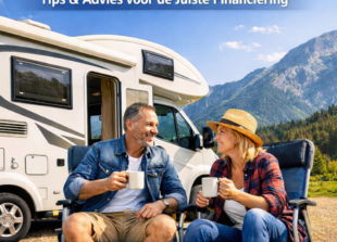 Camper financieren - Een stel geniet van hun camper op een camping, met financiële documenten en CTA-knoppen voor directe leningaanvraag.