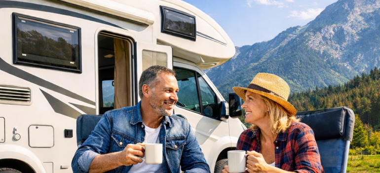 Camper financieren - Een stel geniet van hun camper op een camping, met financiële documenten en CTA-knoppen voor directe leningaanvraag.