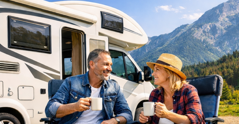 Camper financieren - Een stel geniet van hun camper op een camping, met financiële documenten en CTA-knoppen voor directe leningaanvraag.