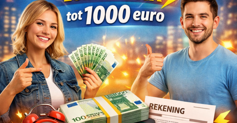 Flitskrediet zonder BKR tot 1000 euro – tevreden man en vrouw met geld, klok en rekeningen, verantwoord lenen