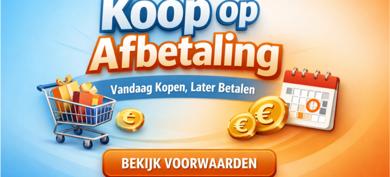 Koop op afbetaling uitgelegd met vandaag kopen en later betalen, inclusief winkelwagen, eurotekens en betaaltermijnen